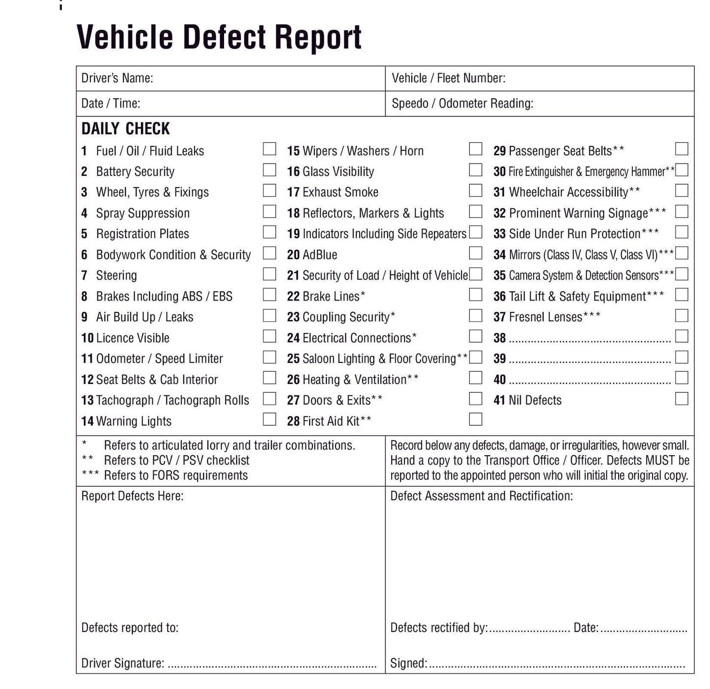 Triplicate Vehicle Daily Check & Defect Book - 50 Page
