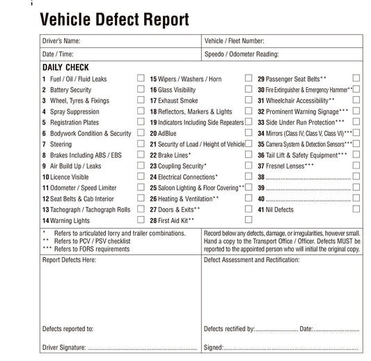 Triplicate Vehicle Daily Check & Defect Book