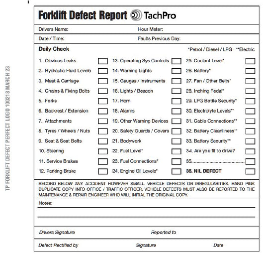 Fork Lift Truck Daily Check & Defect Book
