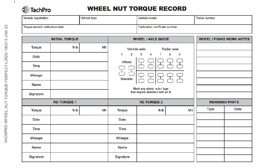 Wheel Nut Torque Record Books