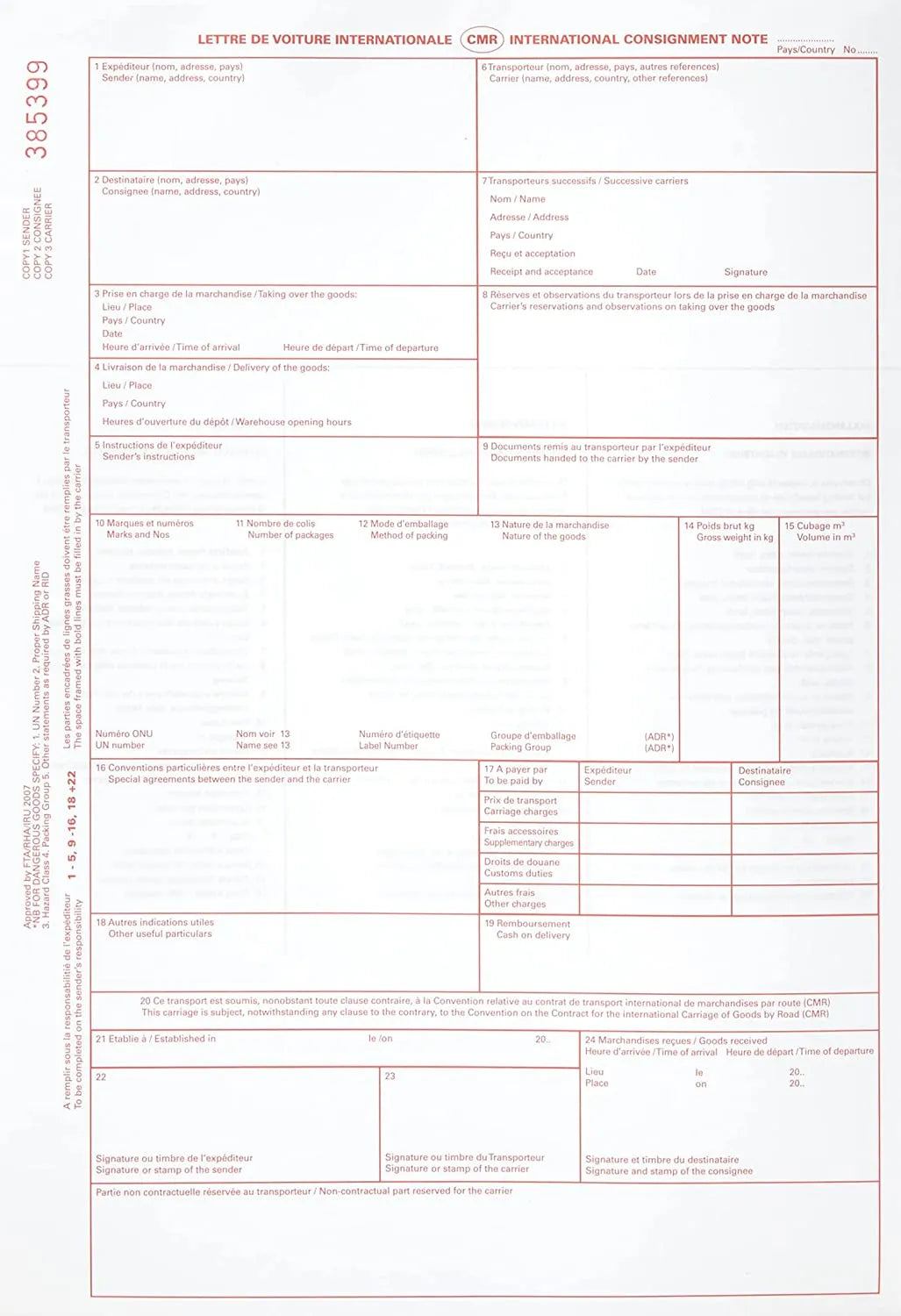 CMR Consignment Notes – 4 Part – 100 sets per pack