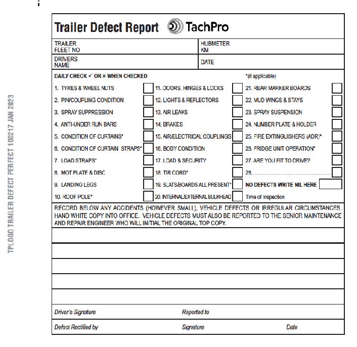 Trailer Daily Defect Report Book – 50 Duplicate Pages