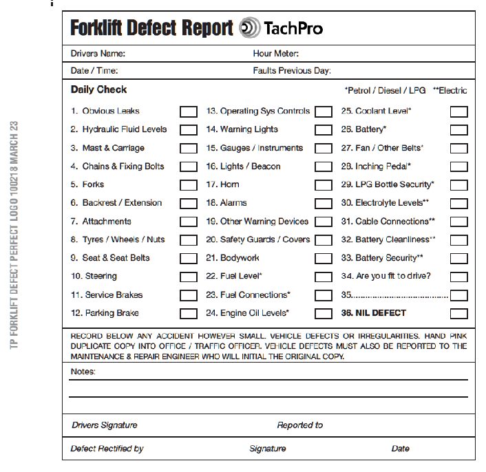 Fork Lift Truck Daily Check & Defect Book