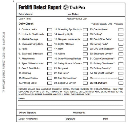 Fork Lift Truck Daily Check & Defect Book