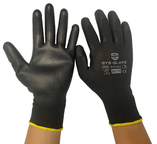 Black Safety Gloves PU Palm Coated - Polyester Liner